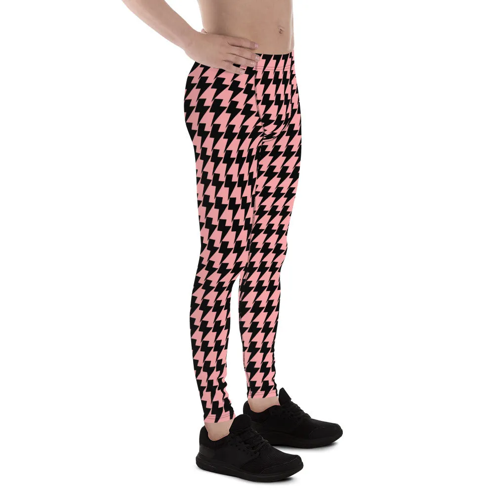 Pink Lightning Men's Leggings, Lightning Pattern Abstract Designer Running Compression Tights For Men - Made in USA/EU/MX