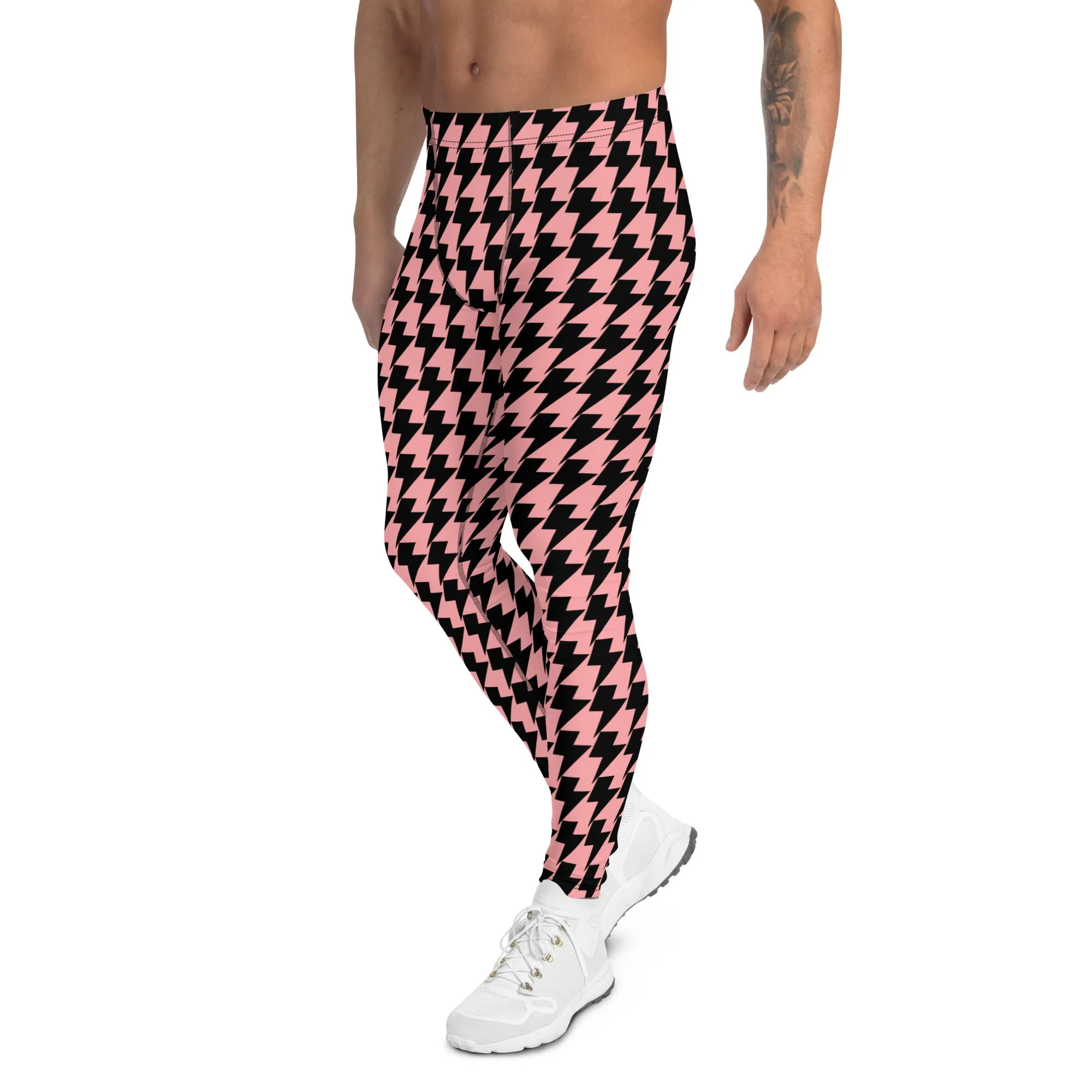 Pink Lightning Men's Leggings, Lightning Pattern Abstract Designer Running Compression Tights For Men - Made in USA/EU/MX