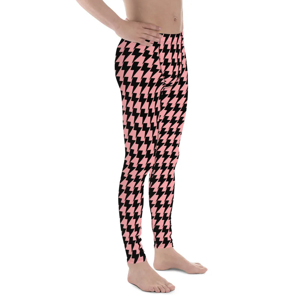 Pink Lightning Men's Leggings, Lightning Pattern Abstract Designer Running Compression Tights For Men - Made in USA/EU/MX