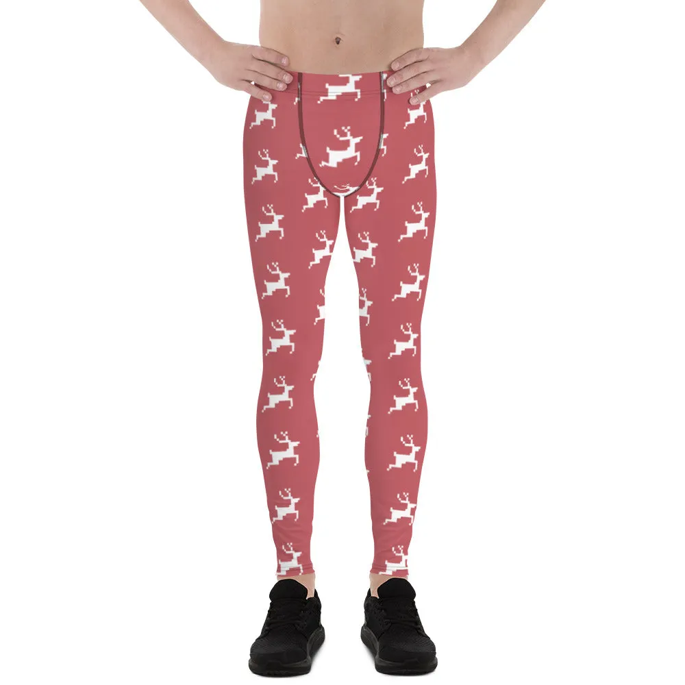 Pink Reindeer Christmas Men's Leggings, Pink Xmas Designer Men's Leggings-Made in USA/MX/EU