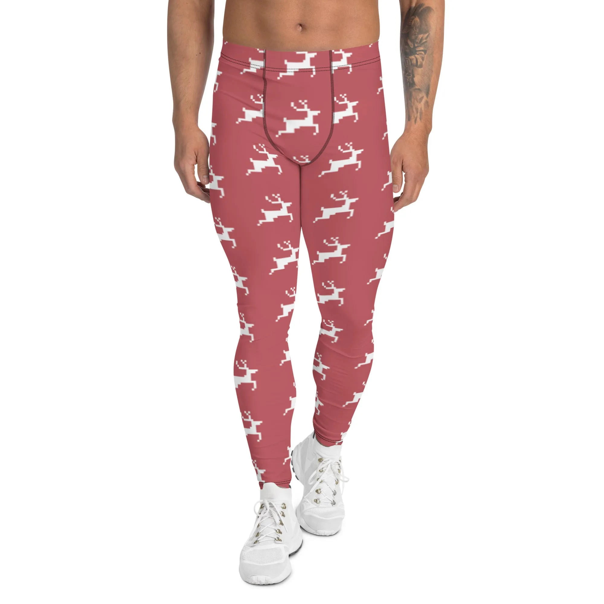 Pink Reindeer Christmas Men's Leggings, Pink Xmas Designer Men's Leggings-Made in USA/MX/EU