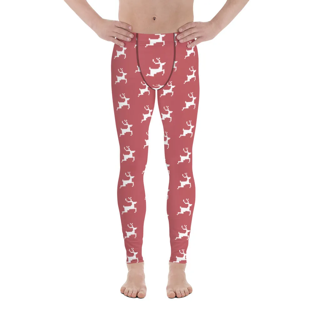 Pink Reindeer Christmas Men's Leggings, Pink Xmas Designer Men's Leggings-Made in USA/MX/EU