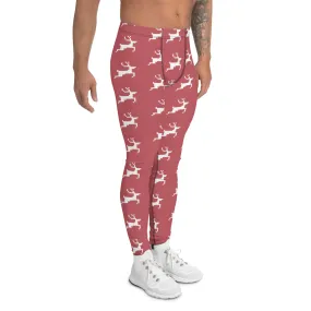 Pink Reindeer Christmas Men's Leggings, Pink Xmas Designer Men's Leggings-Made in USA/MX/EU