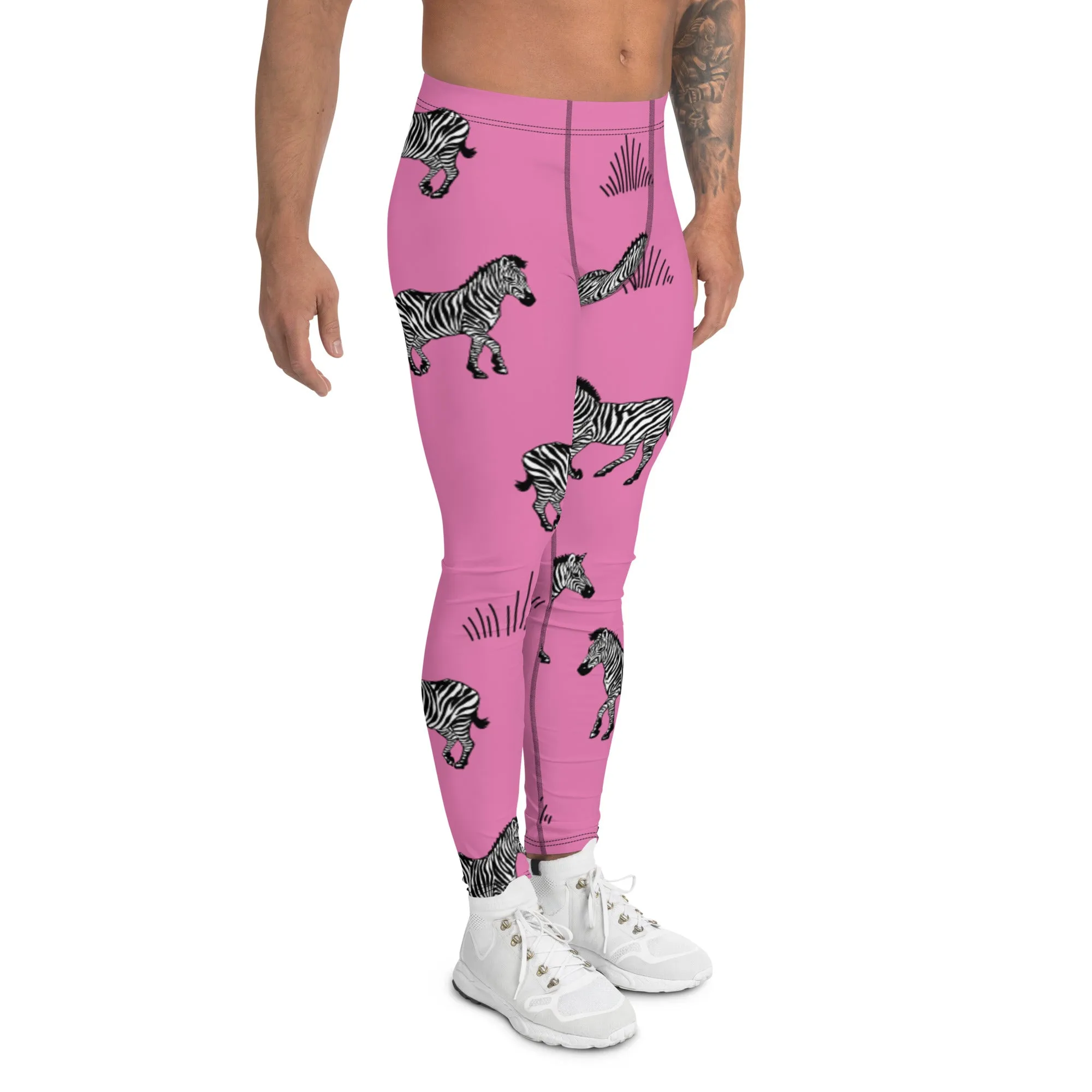 Pink Zebra Print Men's Leggings, Zebra Striped Print Designer Running Compression Tights For Men - Made in USA/EU/MX