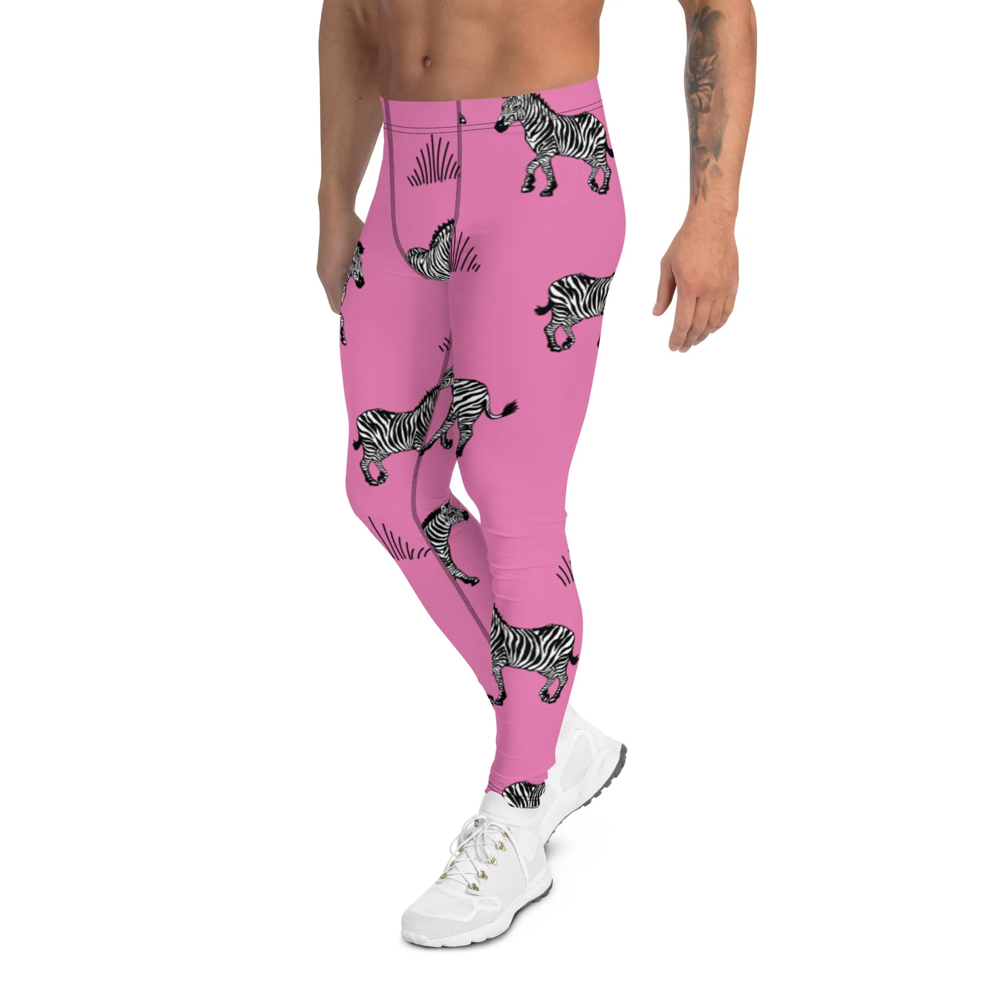 Pink Zebra Print Men's Leggings, Zebra Striped Print Designer Running Compression Tights For Men - Made in USA/EU/MX