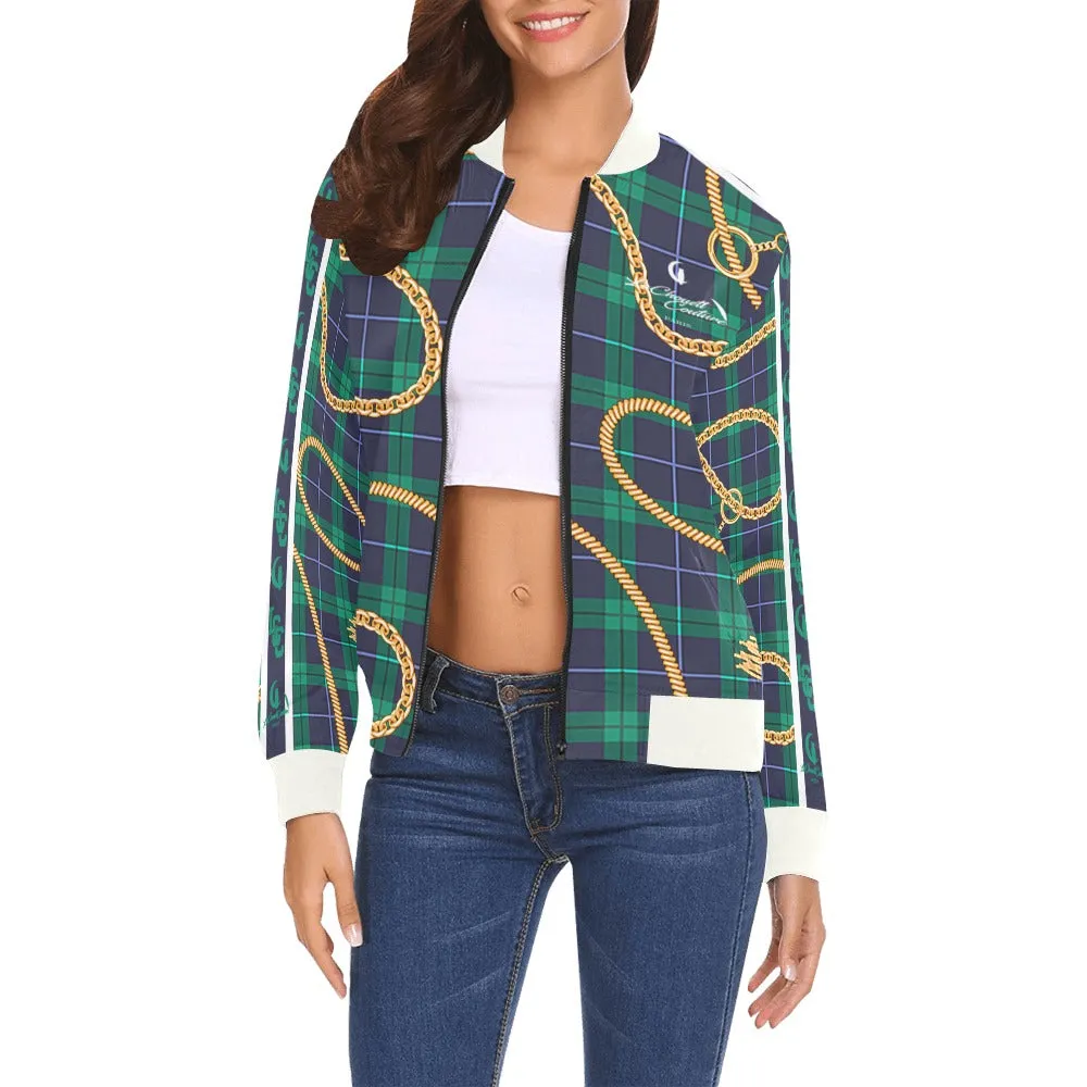 PLAID IN GOLD All Over Print Bomber Jacket for Women