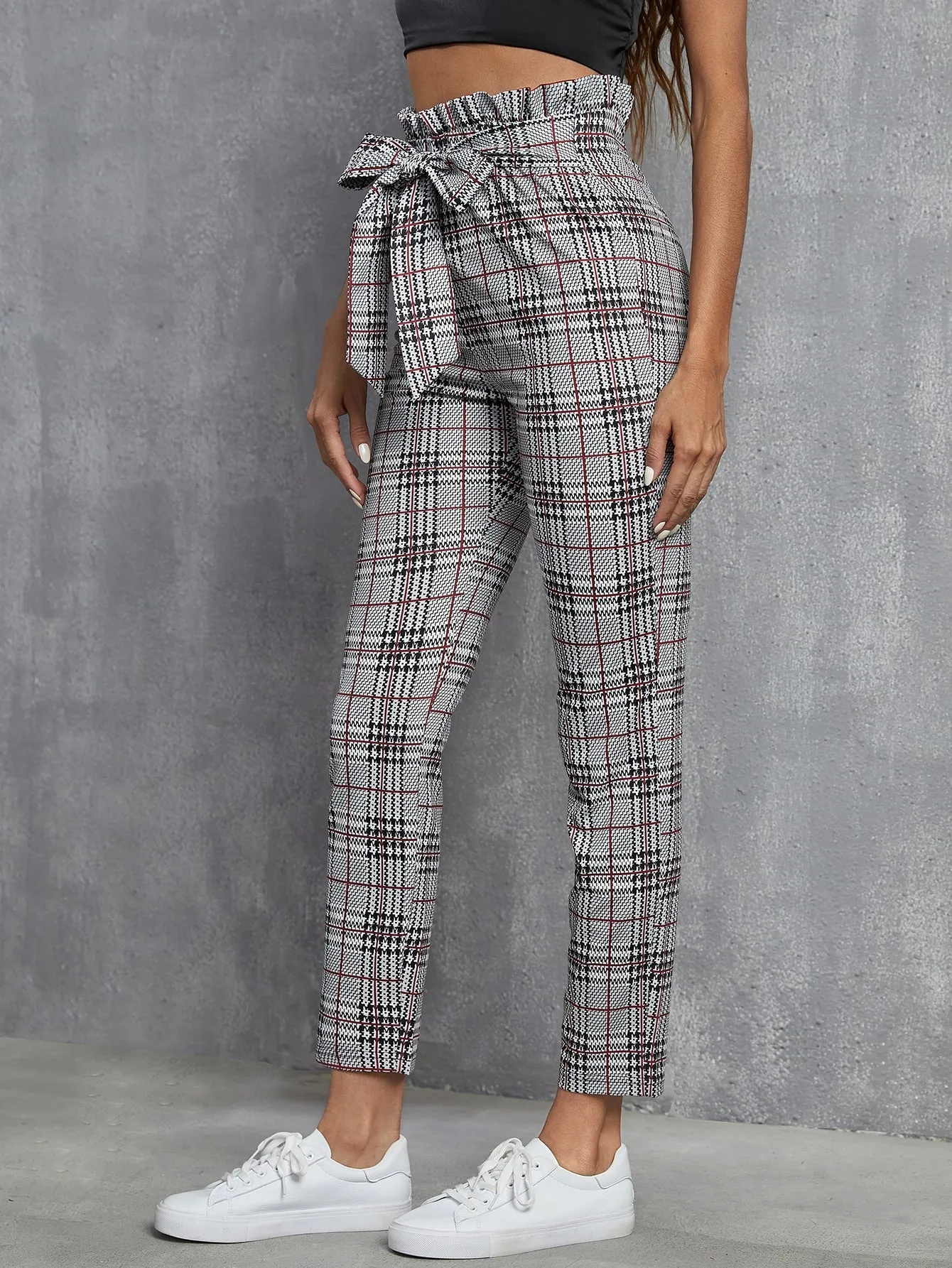 Preppy Plaid Paper Bag Waist High Waist Cropped Women Pants