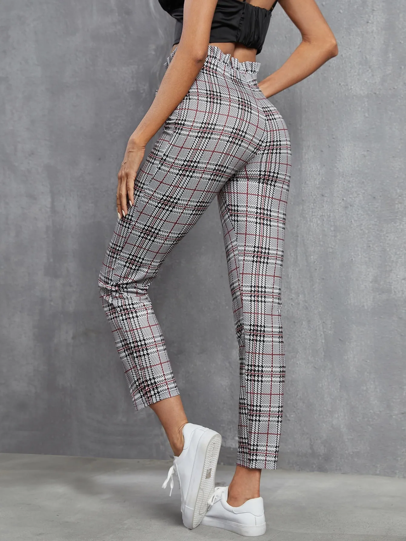 Preppy Plaid Paper Bag Waist High Waist Cropped Women Pants