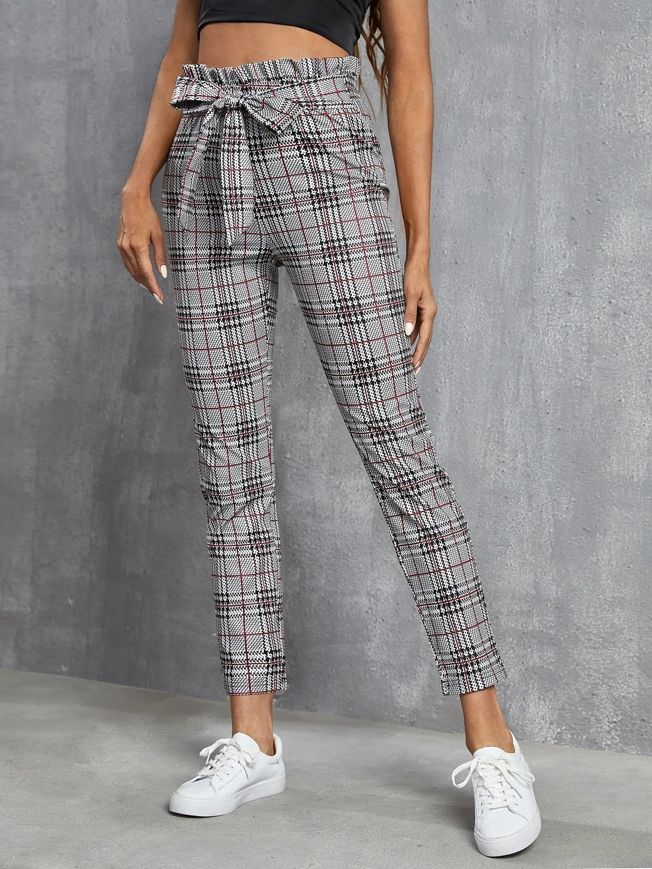 Preppy Plaid Paper Bag Waist High Waist Cropped Women Pants