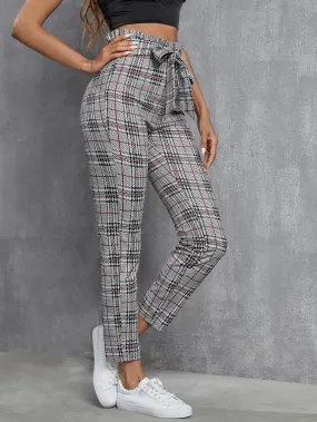 Preppy Plaid Paper Bag Waist High Waist Cropped Women Pants