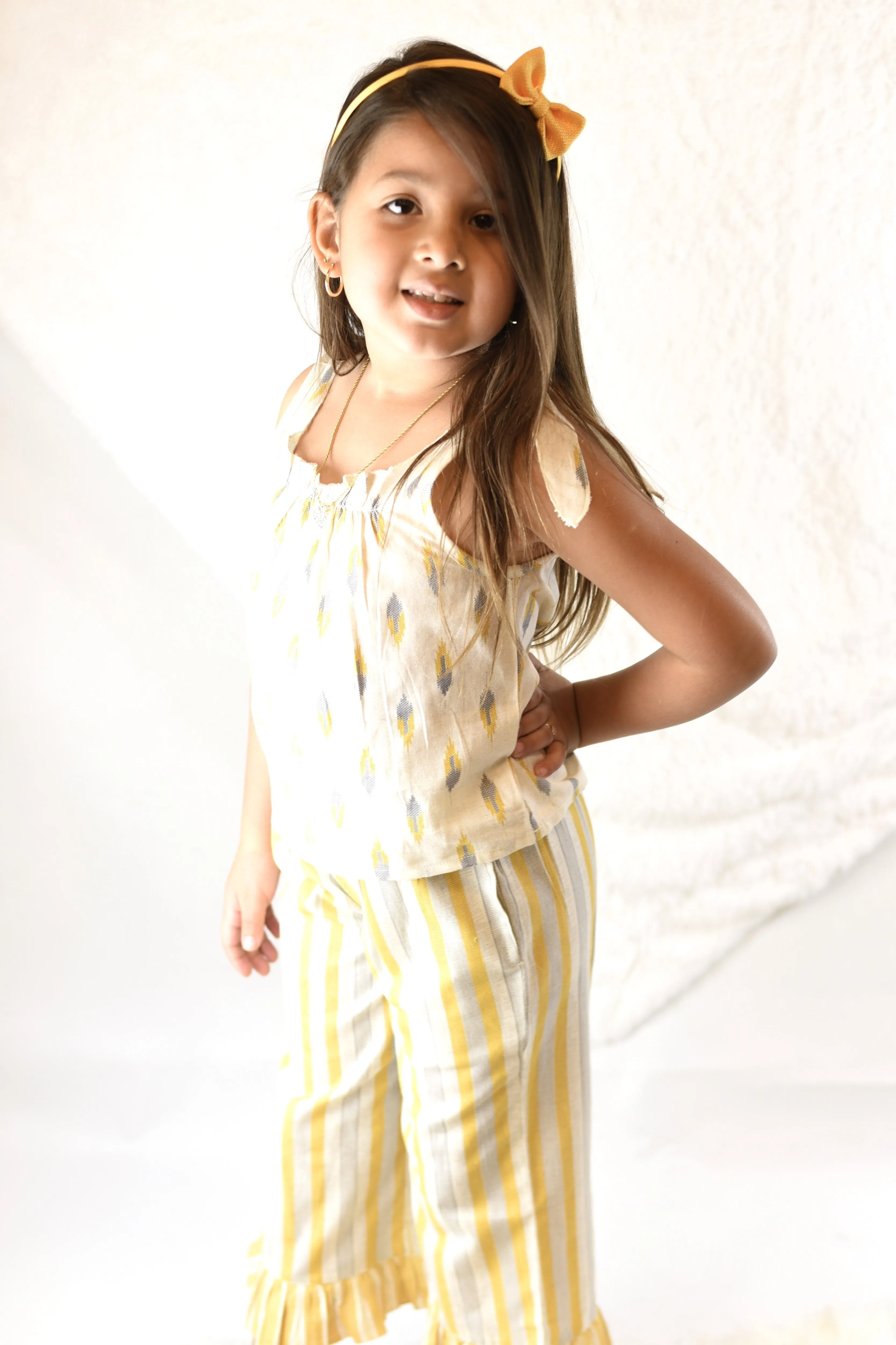 Printed Ivory Tie-Top with Striped Ruffle Pants 2 pc. Set