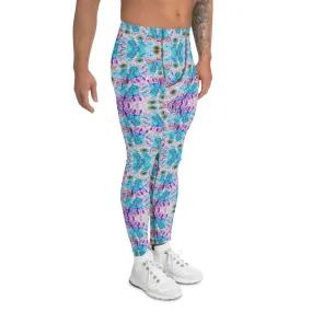 Purple Blue Floral Men's Leggings, Flower Print Meggings Run Tights-Made in USA/EU/MX