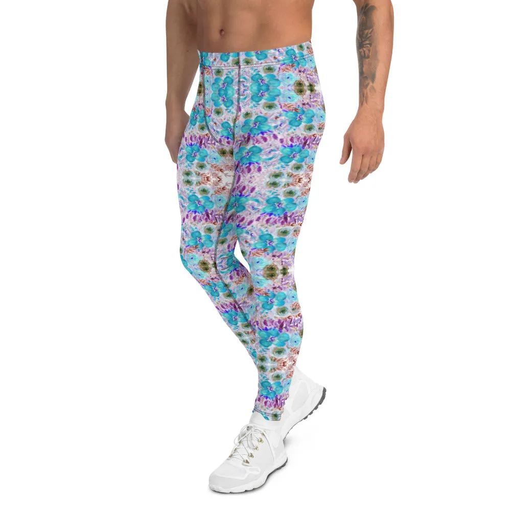 Purple Blue Floral Men's Leggings, Flower Print Meggings Run Tights-Made in USA/EU/MX