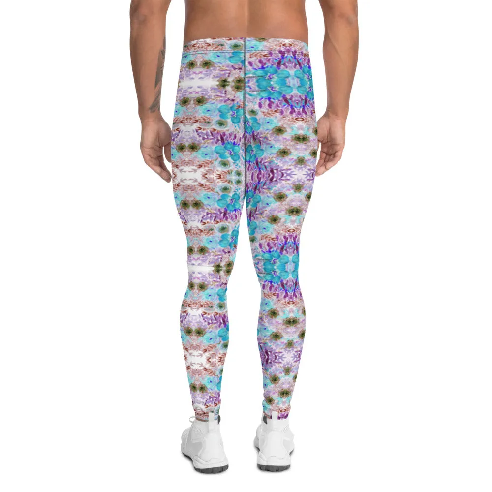 Purple Blue Floral Men's Leggings, Flower Print Meggings Run Tights-Made in USA/EU/MX