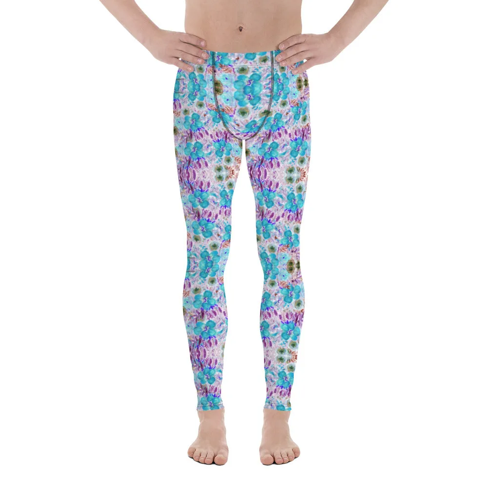 Purple Blue Floral Men's Leggings, Flower Print Meggings Run Tights-Made in USA/EU/MX