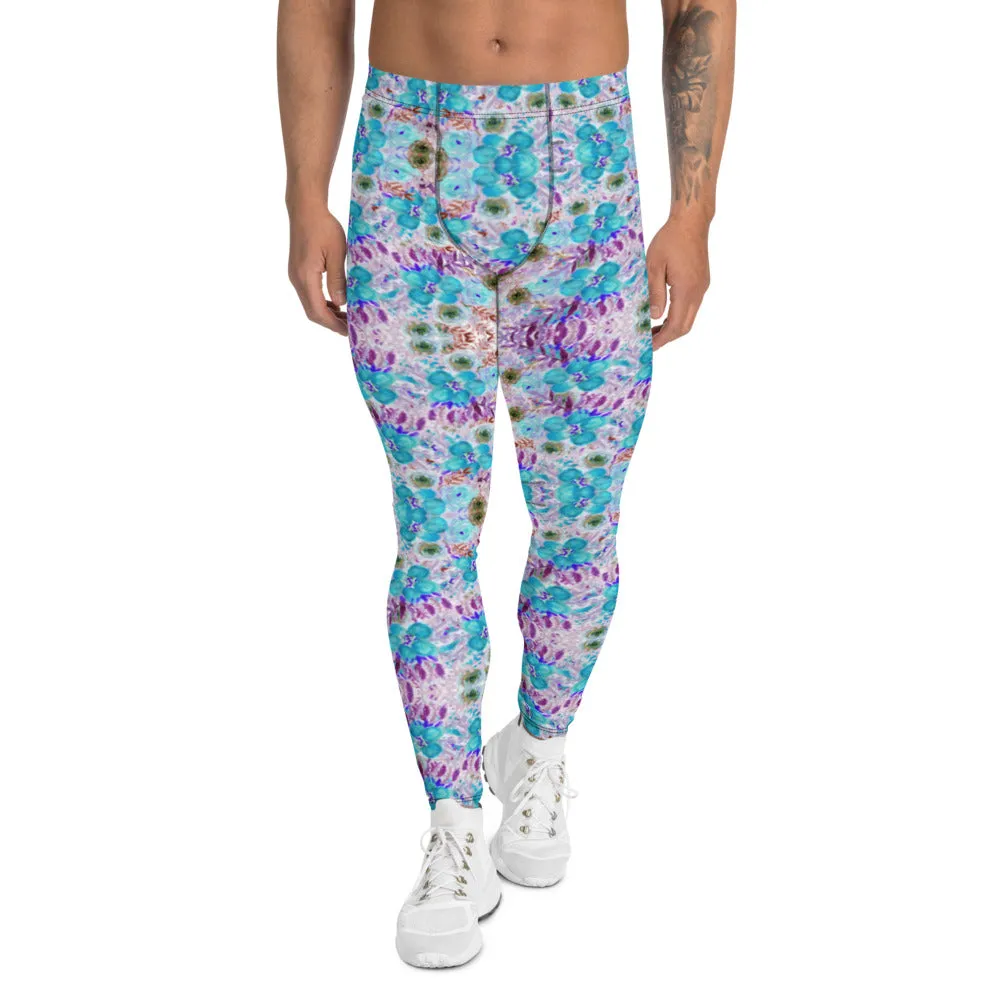 Purple Blue Floral Men's Leggings, Flower Print Meggings Run Tights-Made in USA/EU/MX