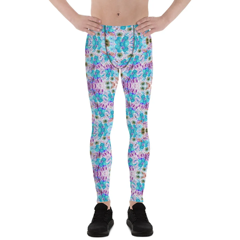 Purple Blue Floral Men's Leggings, Flower Print Meggings Run Tights-Made in USA/EU/MX