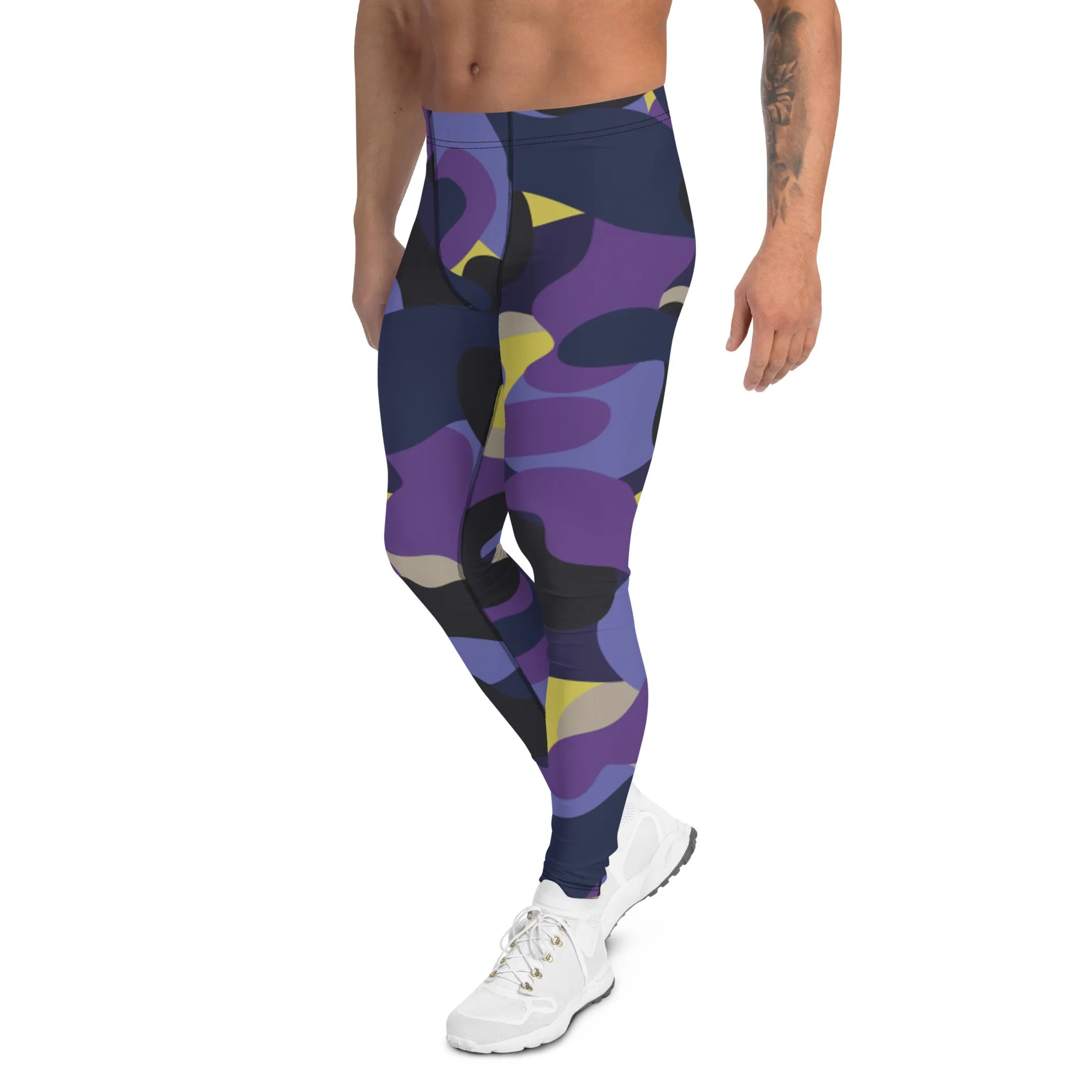 Purple Yellow Camo Men's Leggings, Purple Yellow Camouflaged Military Print Best Designer Men's Leggings - Made in USA/EU/MX