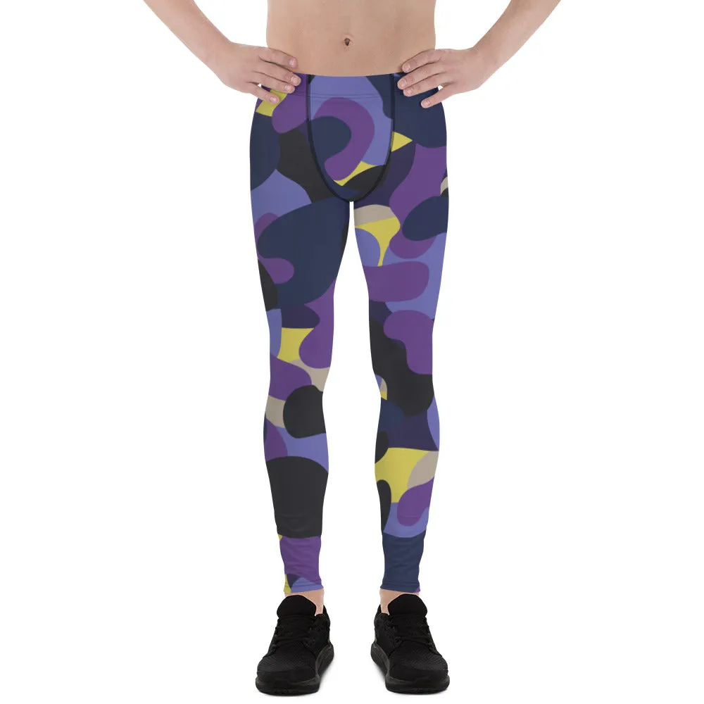 Purple Yellow Camo Men's Leggings, Purple Yellow Camouflaged Military Print Best Designer Men's Leggings - Made in USA/EU/MX