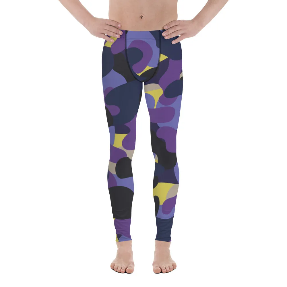 Purple Yellow Camo Men's Leggings, Purple Yellow Camouflaged Military Print Best Designer Men's Leggings - Made in USA/EU/MX