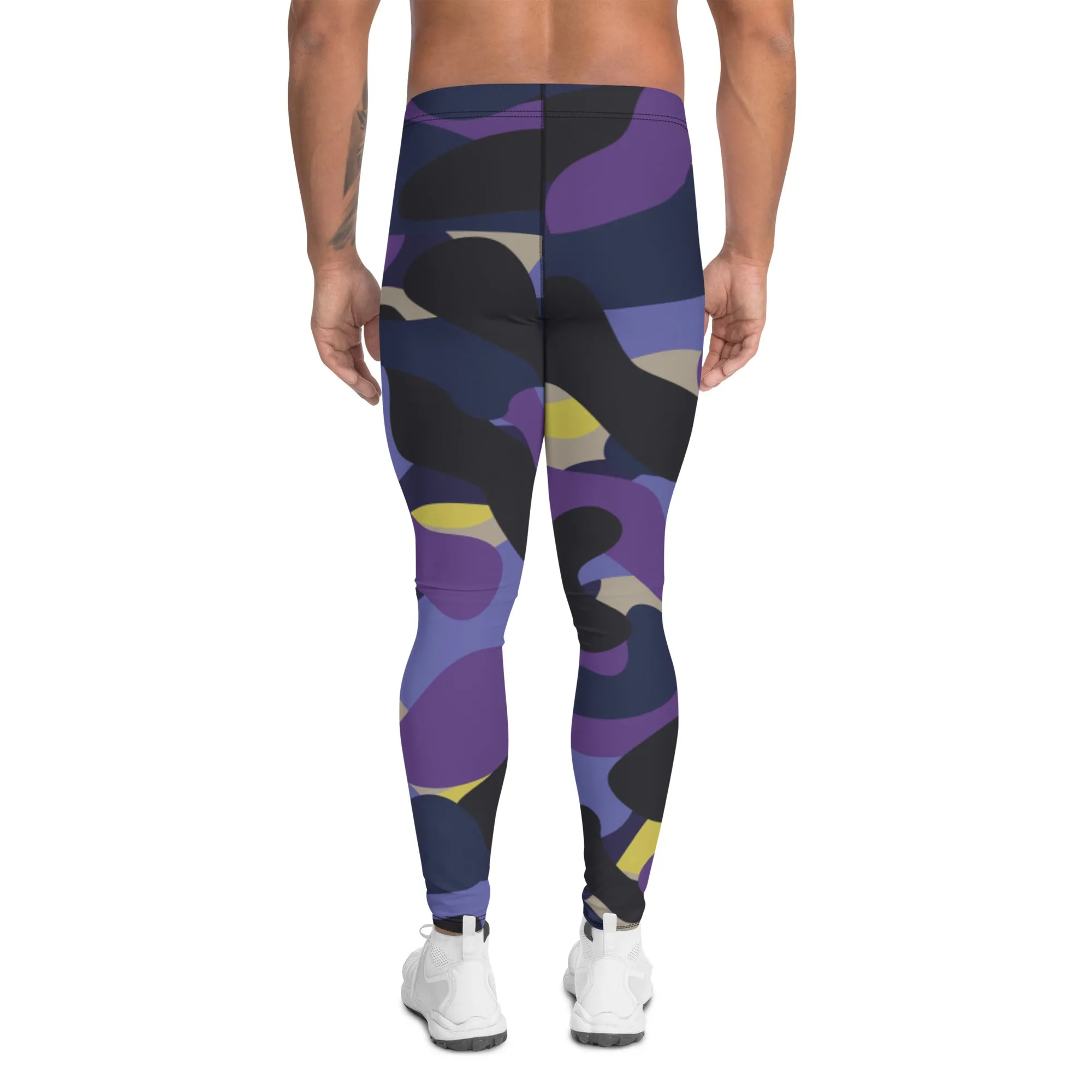 Purple Yellow Camo Men's Leggings, Purple Yellow Camouflaged Military Print Best Designer Men's Leggings - Made in USA/EU/MX