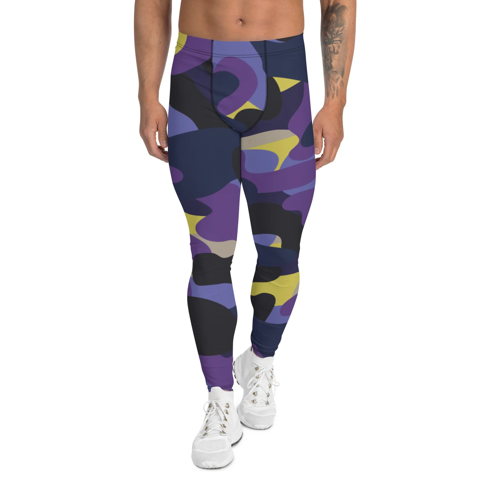 Purple Yellow Camo Men's Leggings, Purple Yellow Camouflaged Military Print Best Designer Men's Leggings - Made in USA/EU/MX