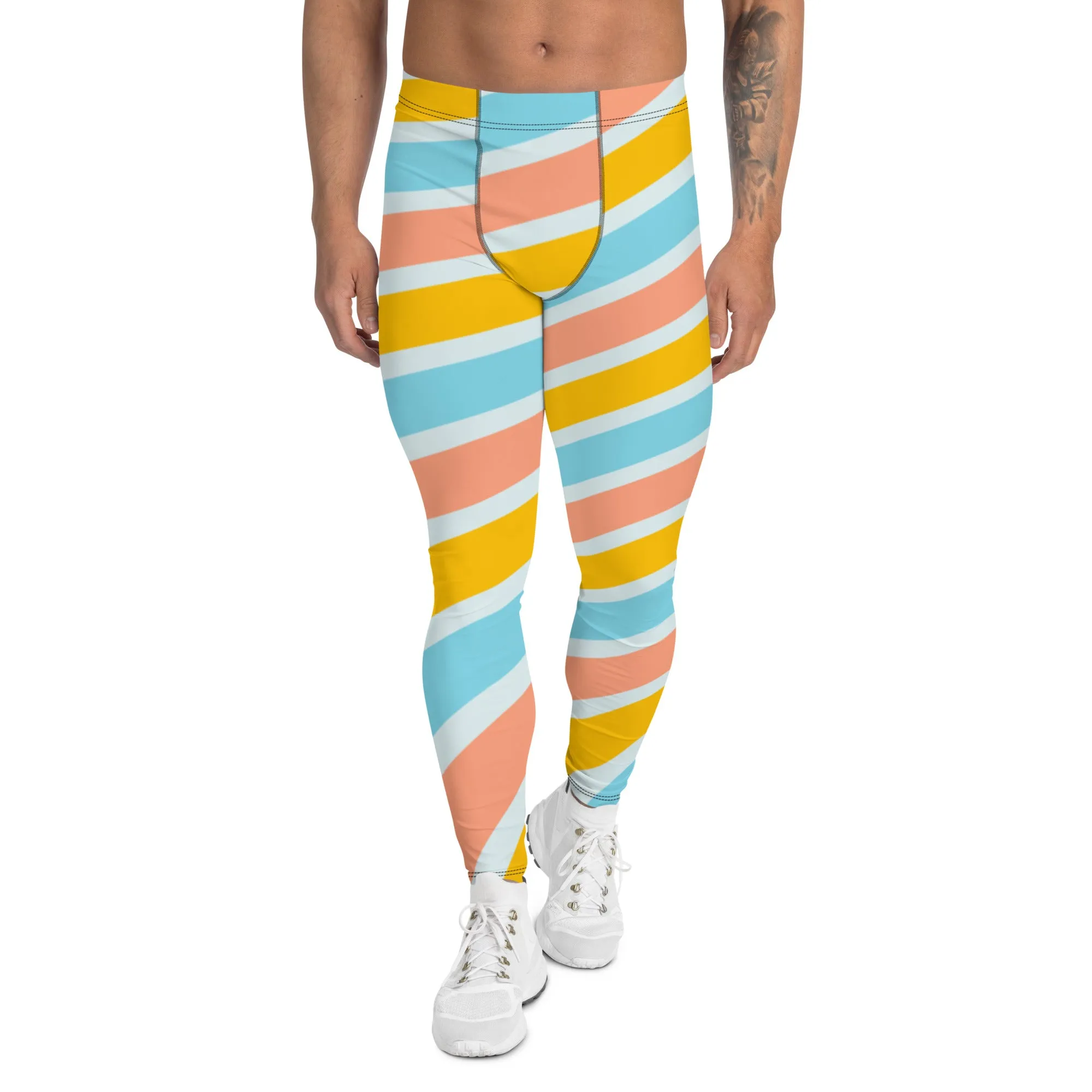 Rainbow Swirl Best Men's Leggings, Rainbow Striped Meggings Compression Tights-Made in USA/MX/EU