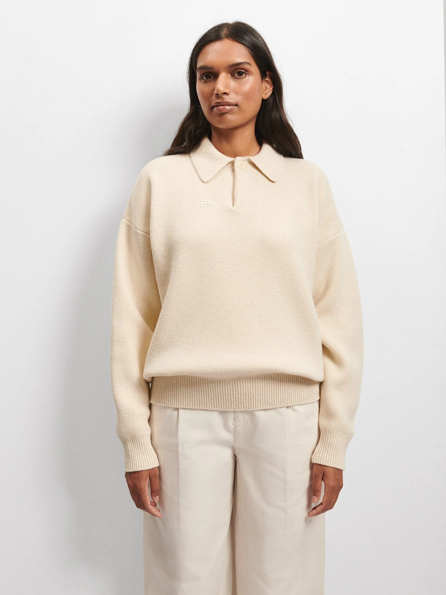 Recycled Cashmere Polo Sweater—ecru ivory