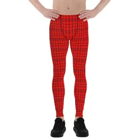 Red Plaid Men's Leggings, Tartan Print Meggings Compression Run Tights-Made in USA/EU