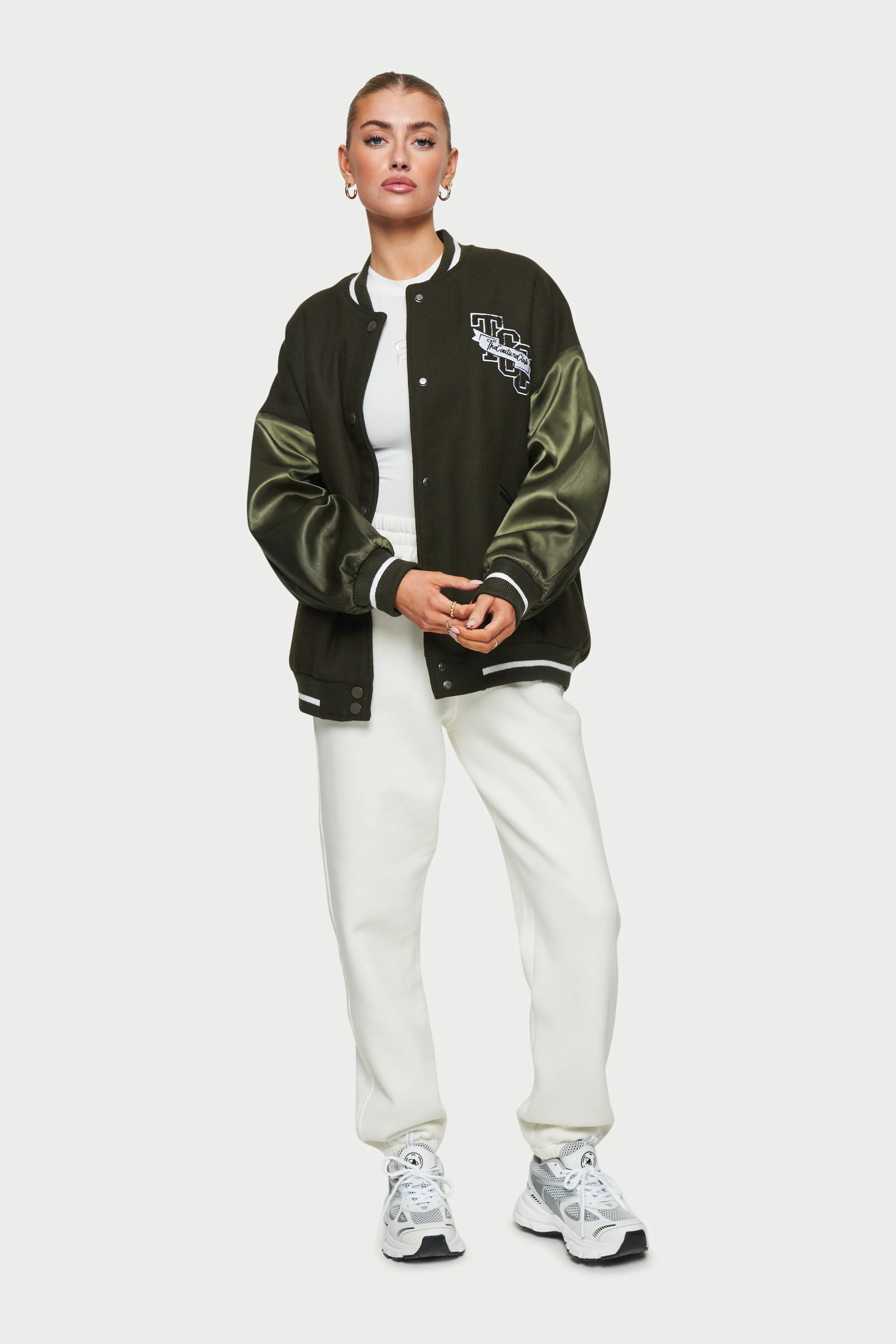 SATIN SLEEVE OVERSIZED VARSITY JACKET - KHAKI