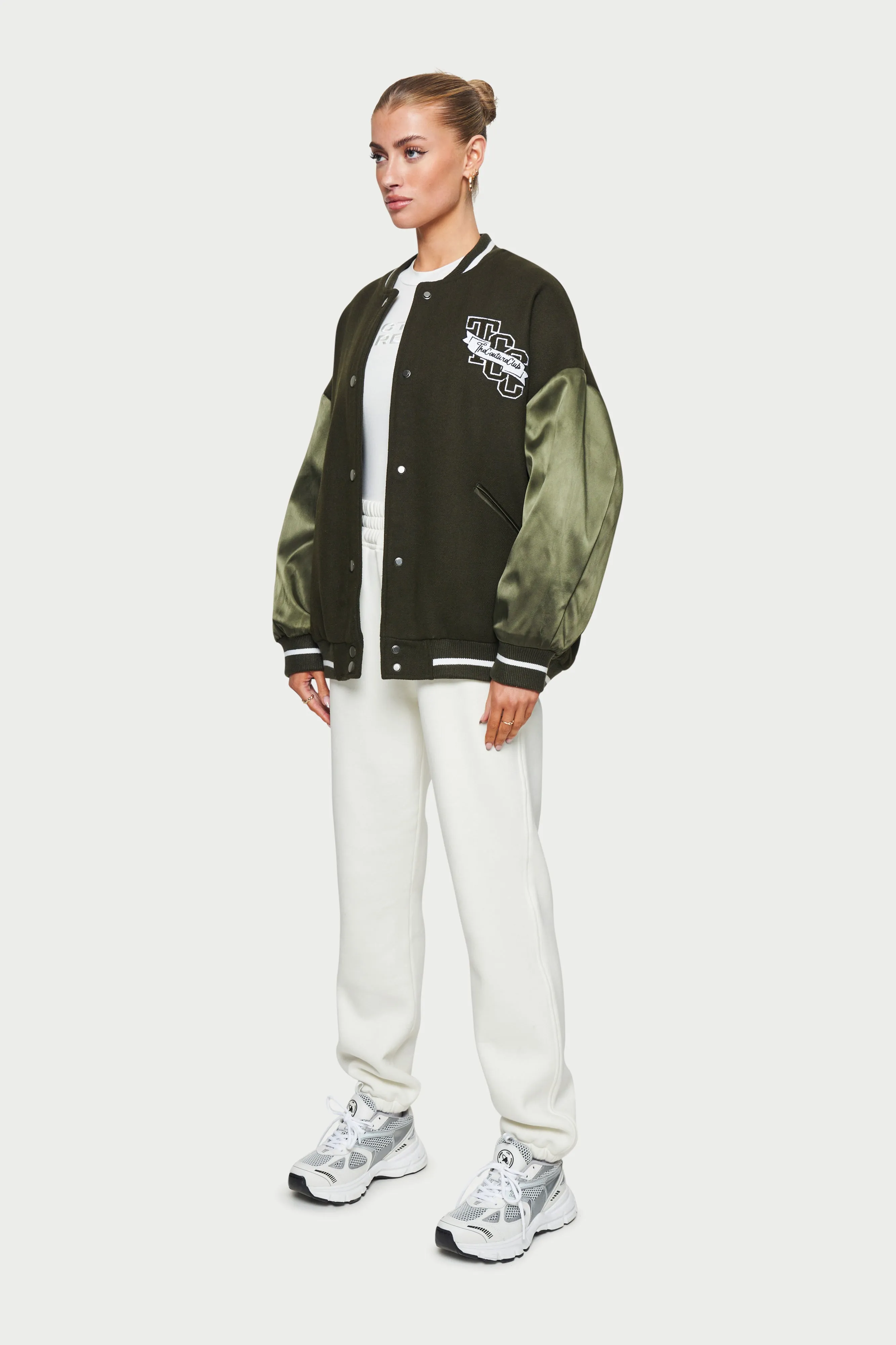 SATIN SLEEVE OVERSIZED VARSITY JACKET - KHAKI