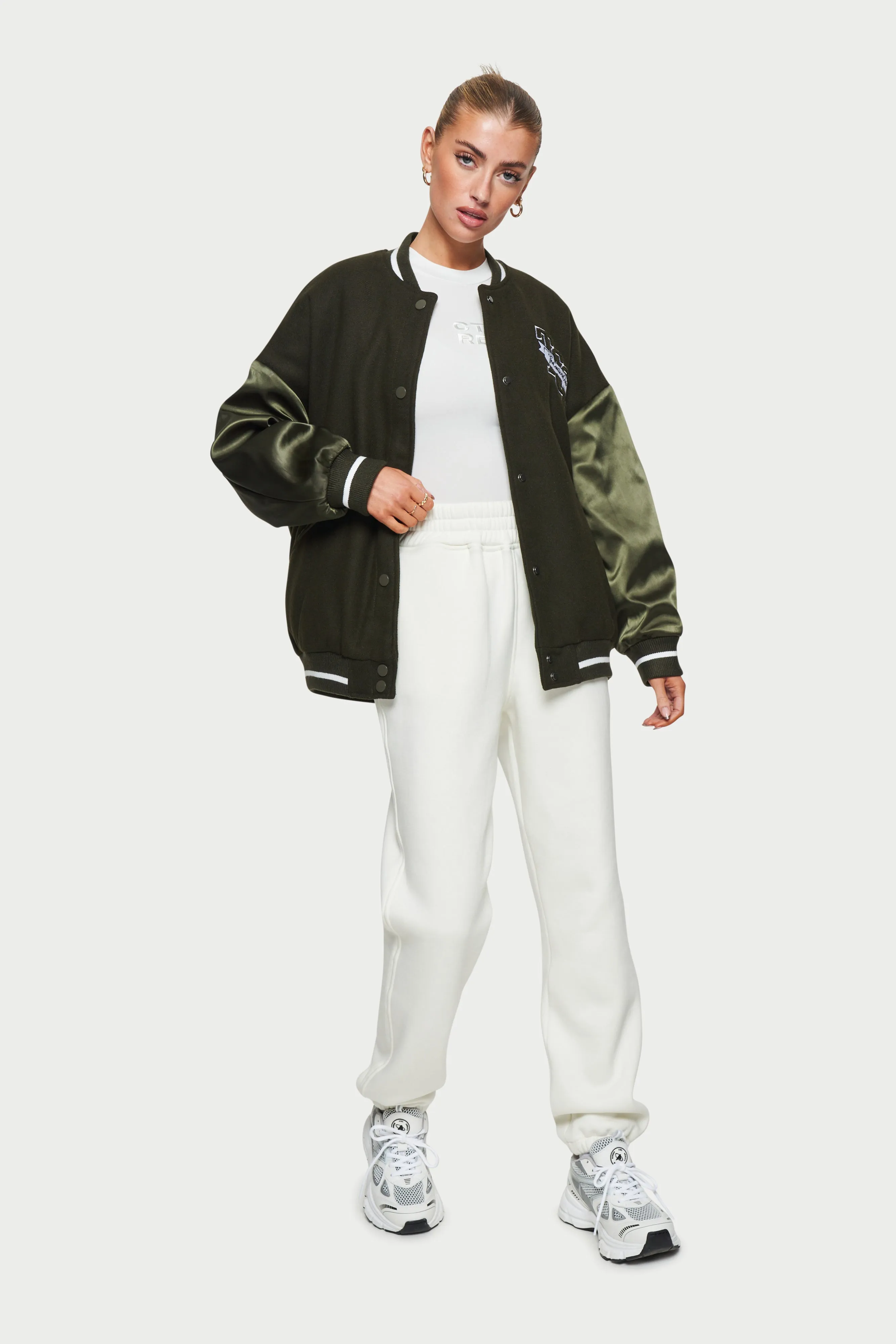 SATIN SLEEVE OVERSIZED VARSITY JACKET - KHAKI