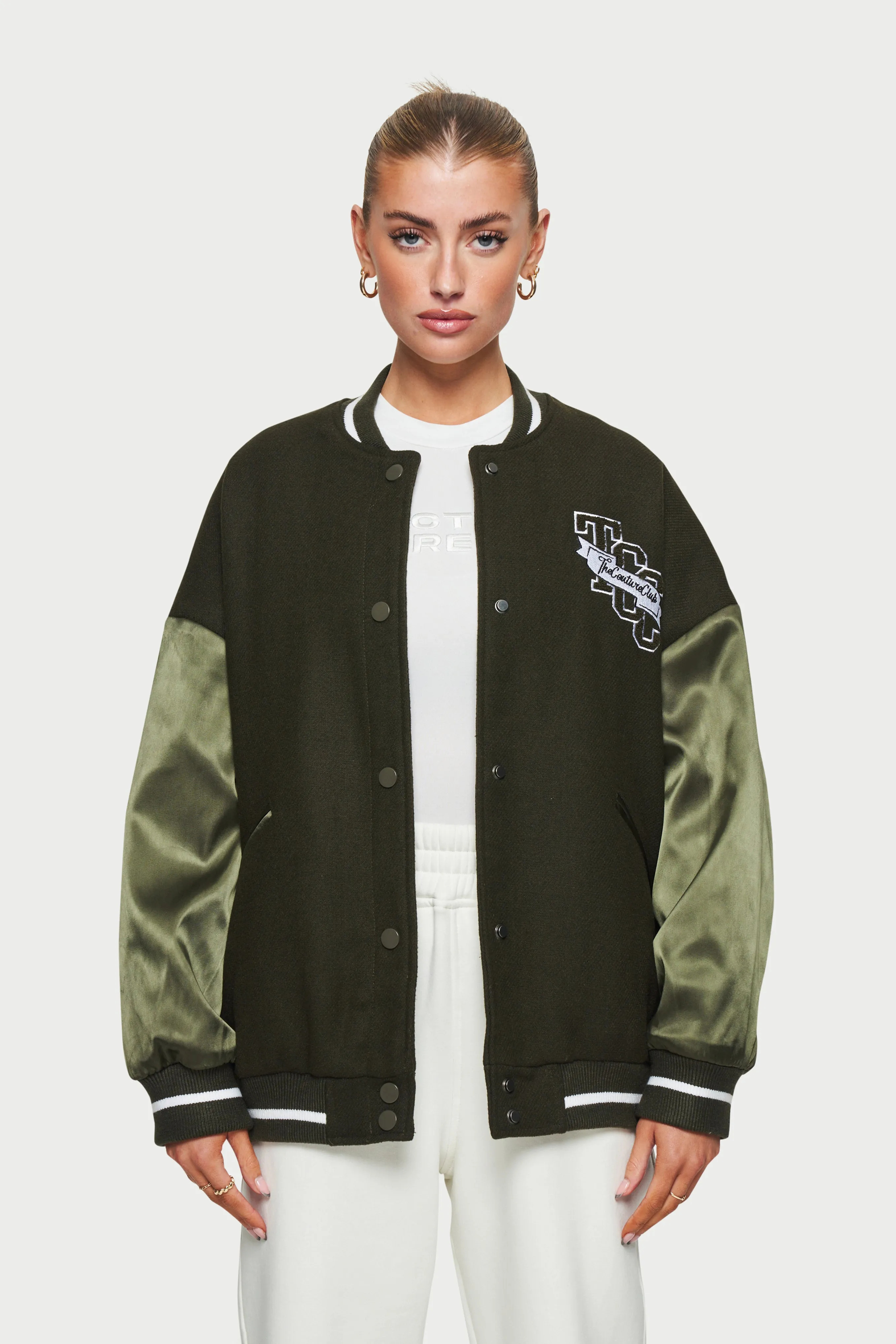 SATIN SLEEVE OVERSIZED VARSITY JACKET - KHAKI