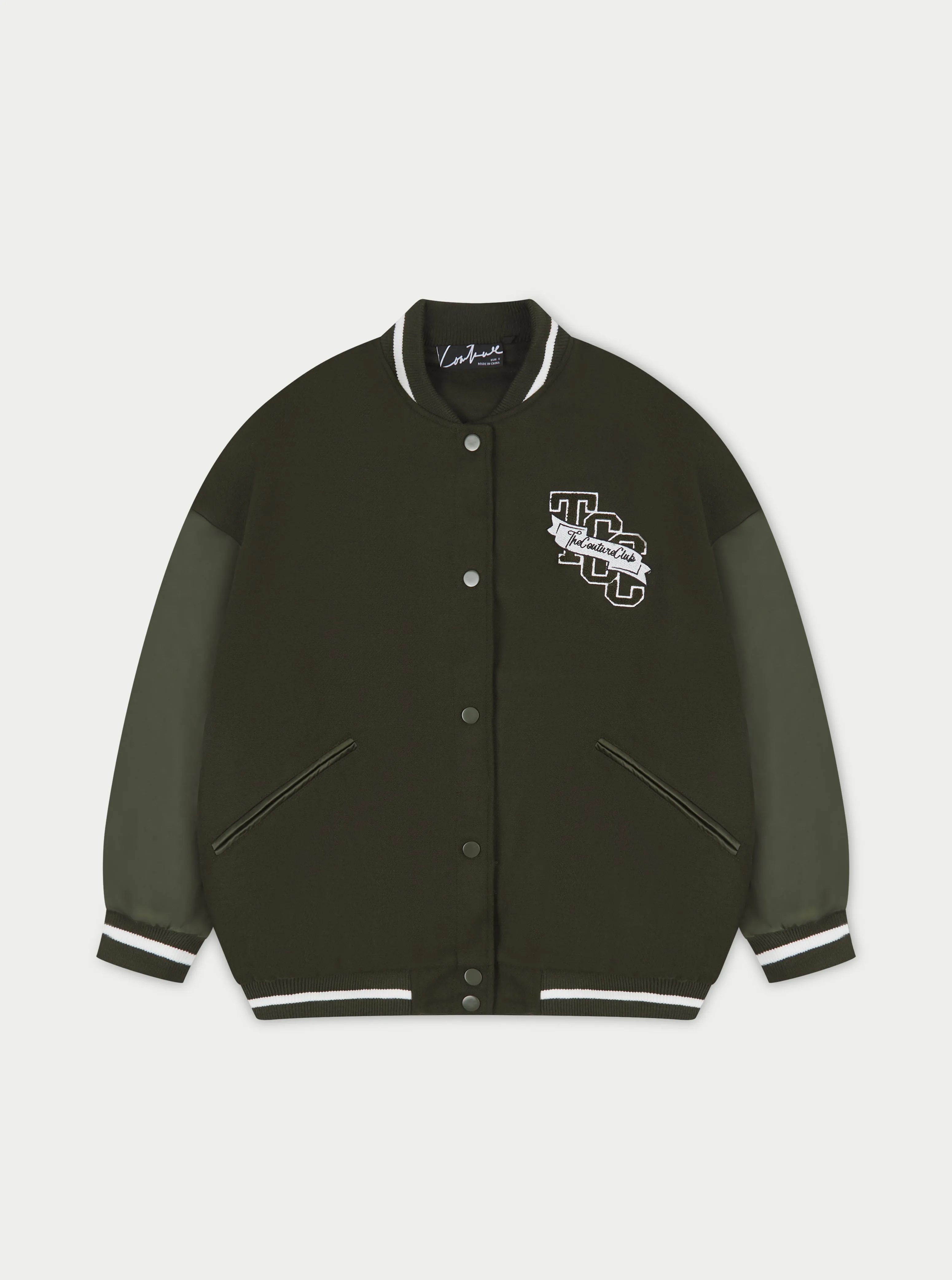 SATIN SLEEVE OVERSIZED VARSITY JACKET - KHAKI