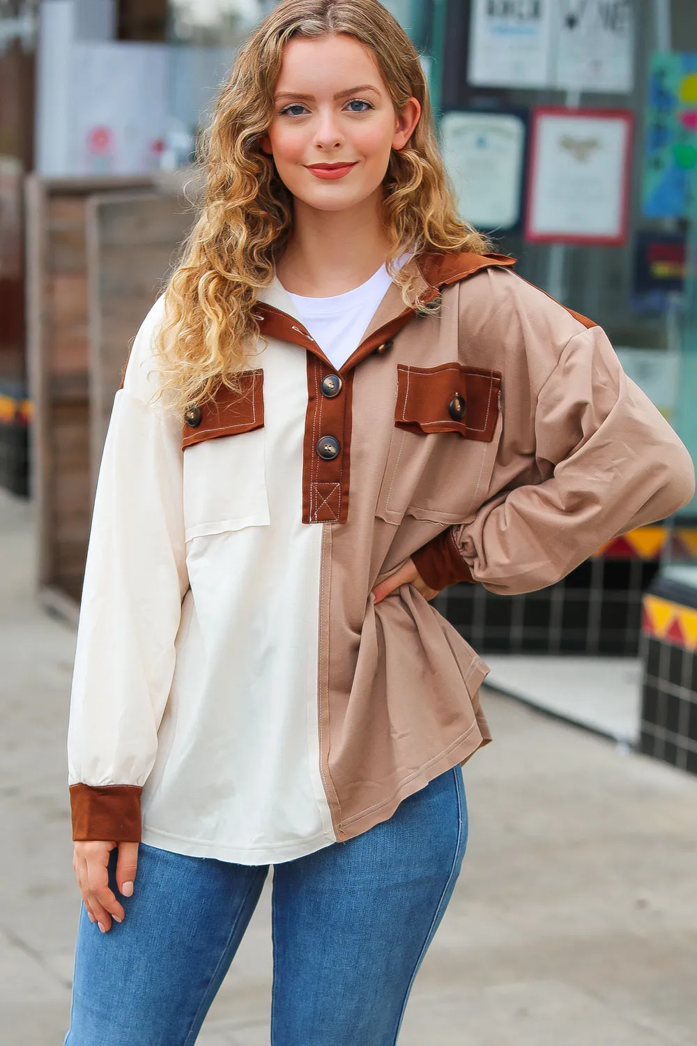 Sepia Ivory & Taupe Color Block Button Down Pullover