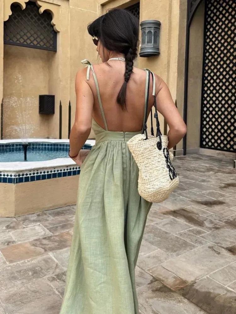 Sexy Backless Beach Dress For Women V Neck Splice Folds Long Dresses Womens Party Elegant Bandage Maxi Sundress Female