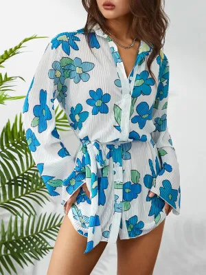 Shirt Button Down Retro Floral Print Long Sleeve Belted Tunic Summer Fashion Dress