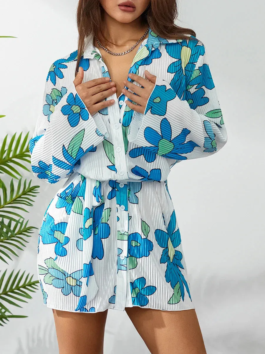 Shirt Button Down Retro Floral Print Long Sleeve Belted Tunic Summer Fashion Dress