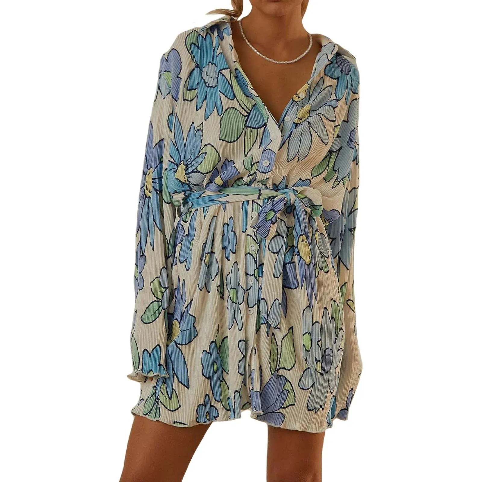 Shirt Button Down Retro Floral Print Long Sleeve Belted Tunic Summer Fashion Dress