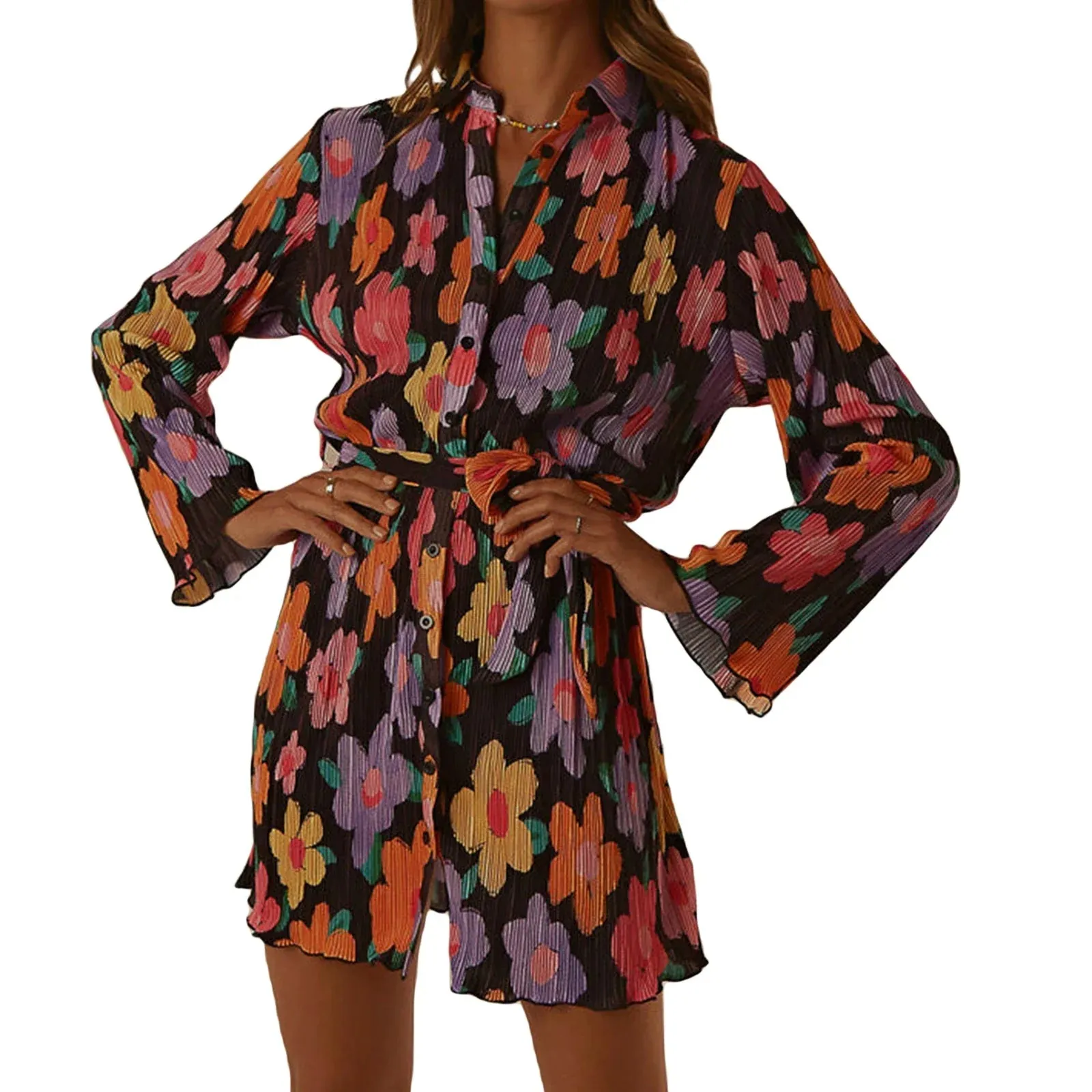 Shirt Button Down Retro Floral Print Long Sleeve Belted Tunic Summer Fashion Dress