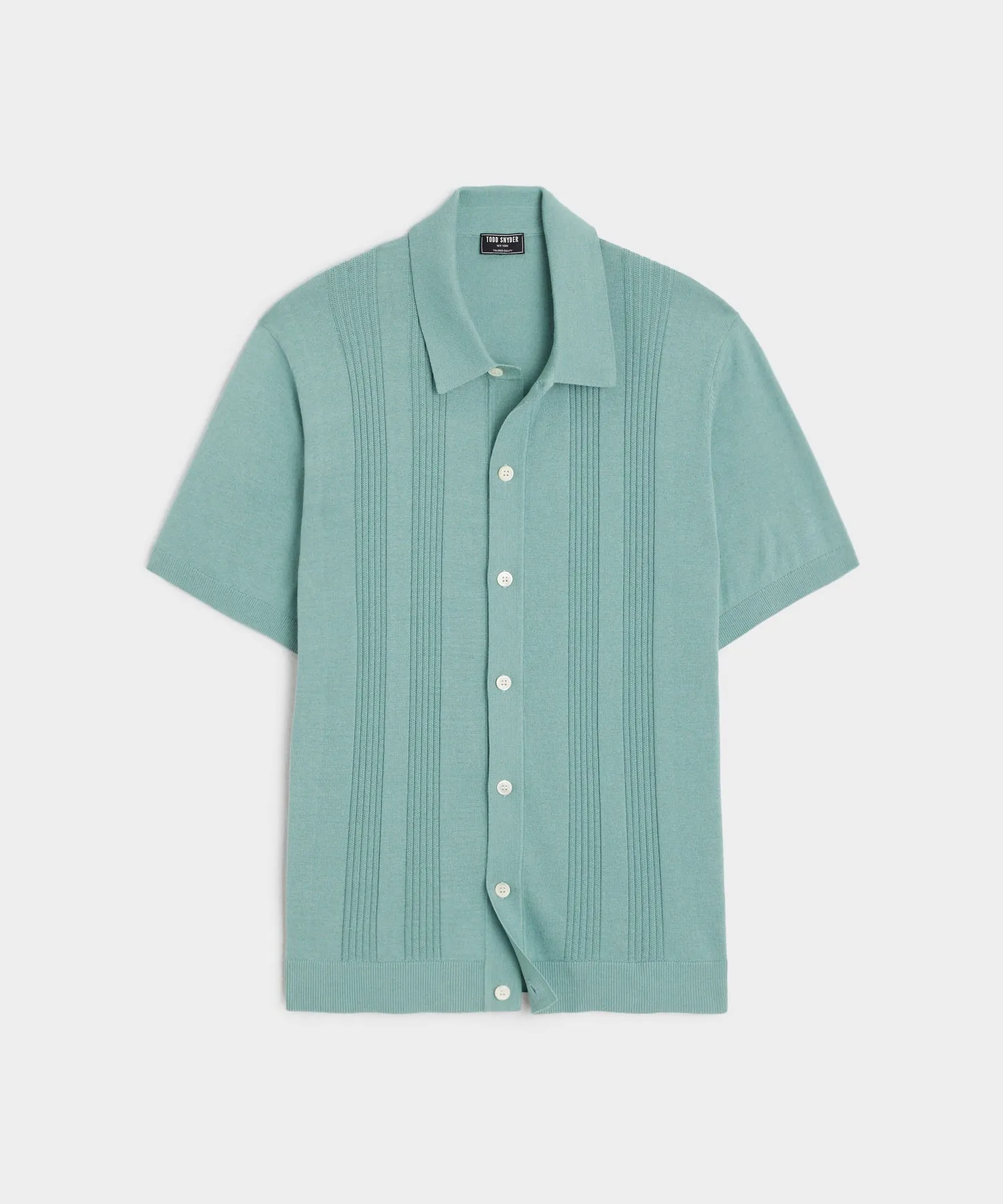 Silk Cotton Ribbed Full Placket Polo in Light Blue