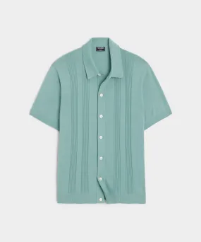 Silk Cotton Ribbed Full Placket Polo in Light Blue