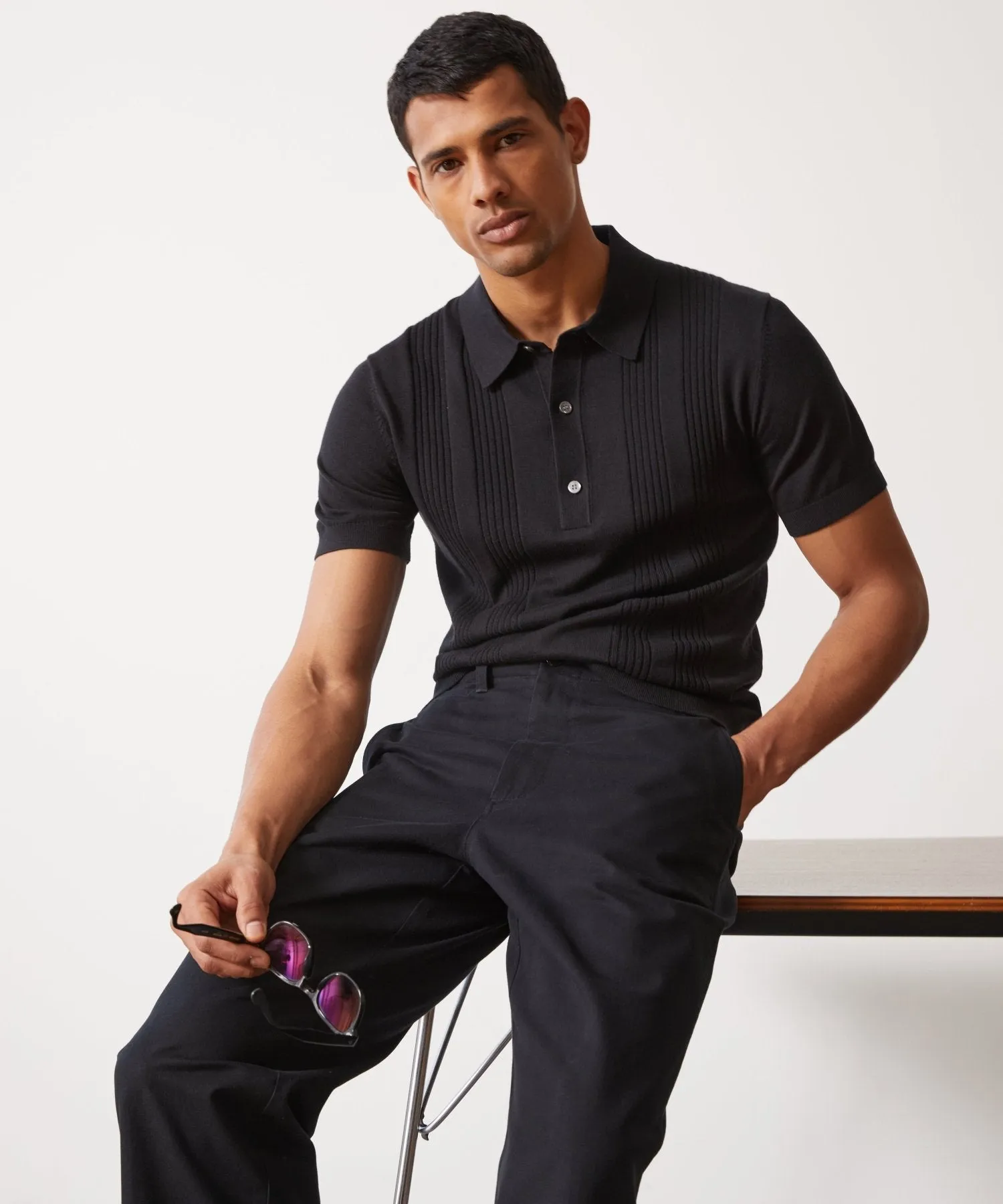 Silk Cotton Ribbed Polo in Black