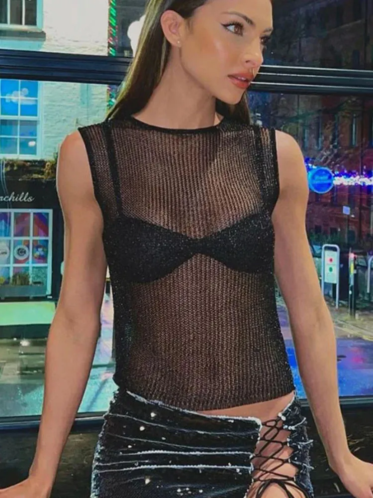 Sleeveless Slim Fit Casual See-Through Vest with Sequin Scoop Neck for Women