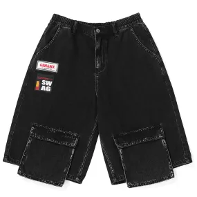 Streetwear Safari Style Black Straight Denim Shorts