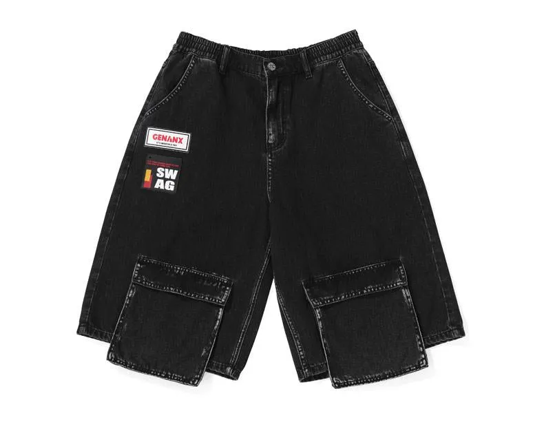 Streetwear Safari Style Black Straight Denim Shorts