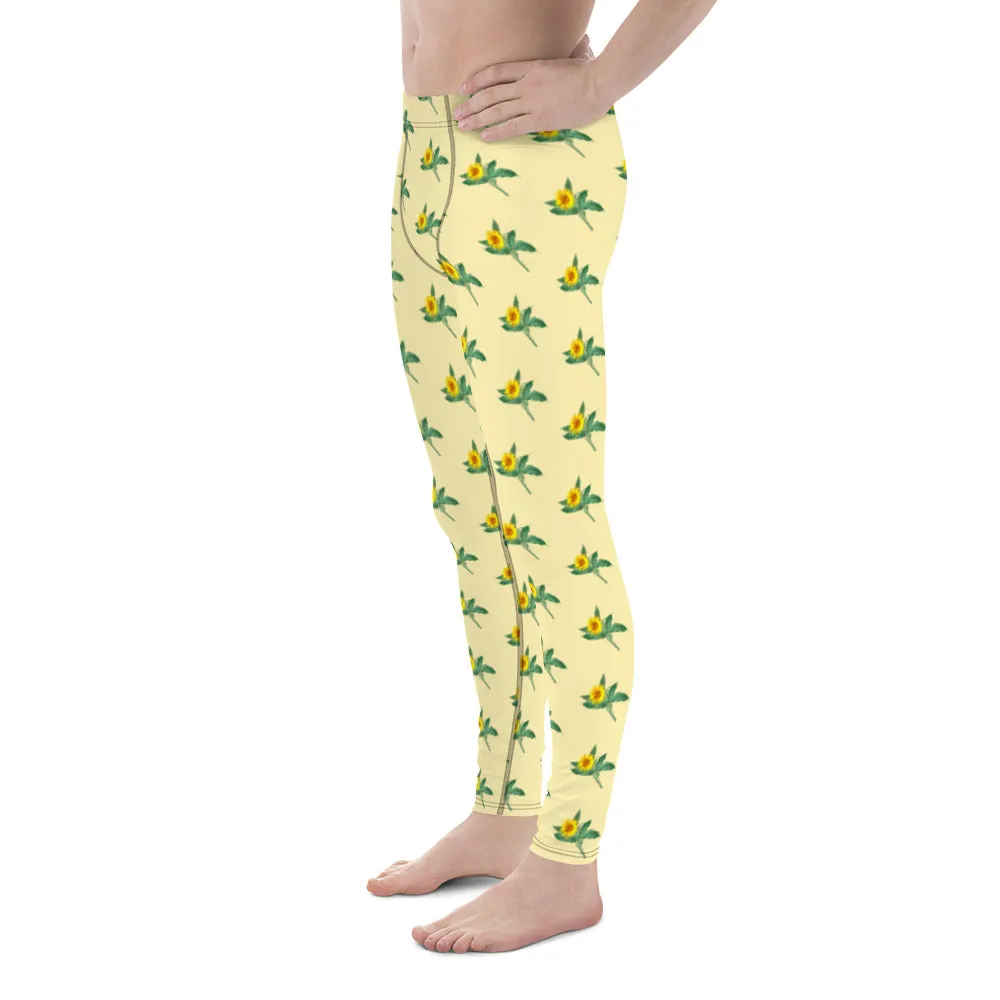 Sunflower Floral Men's Leggings, Yellow Floral Print Compression Running Tights For Men - Made in USA/EU