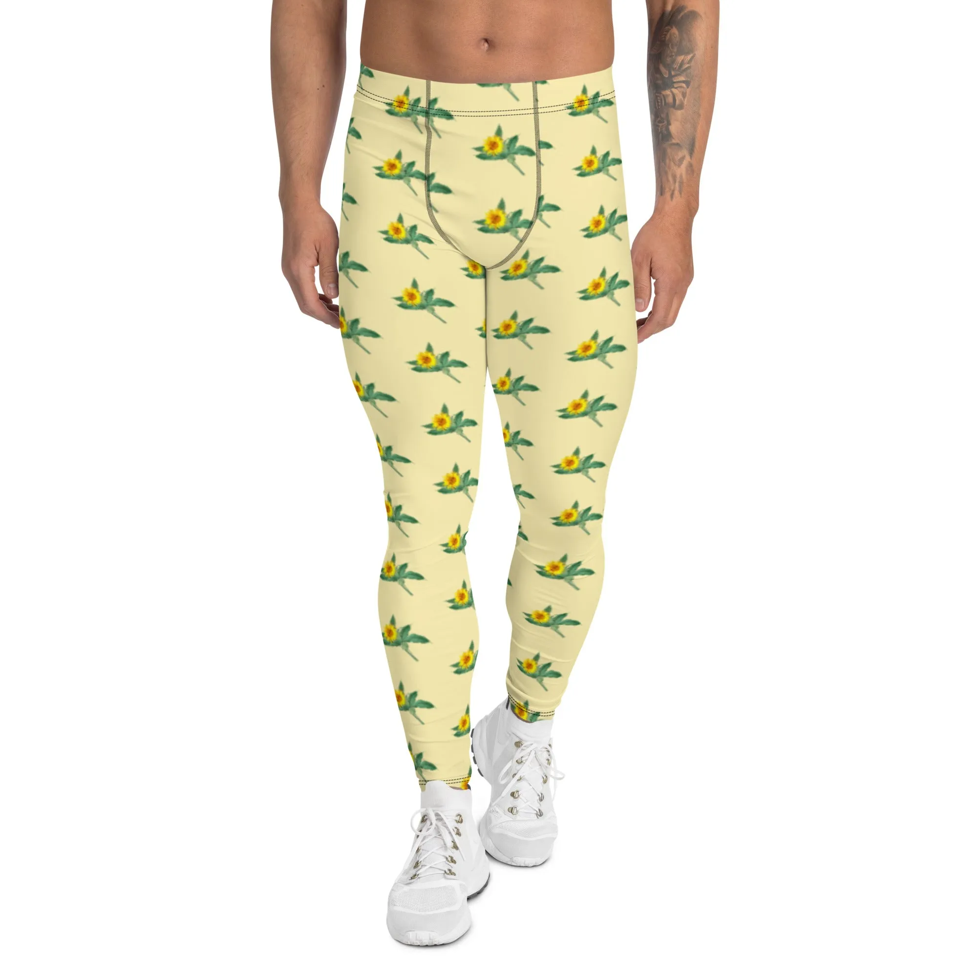 Sunflower Floral Men's Leggings, Yellow Floral Print Compression Running Tights For Men - Made in USA/EU