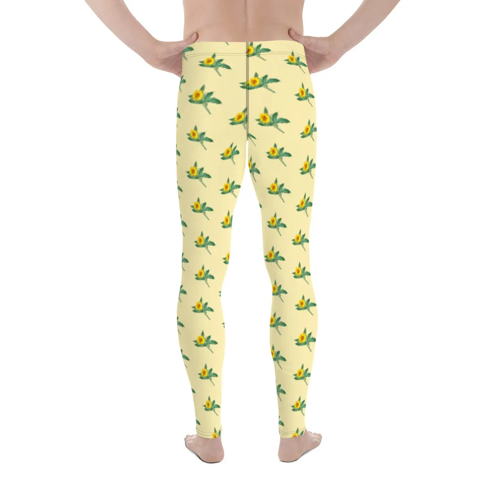 Sunflower Floral Men's Leggings, Yellow Floral Print Compression Running Tights For Men - Made in USA/EU