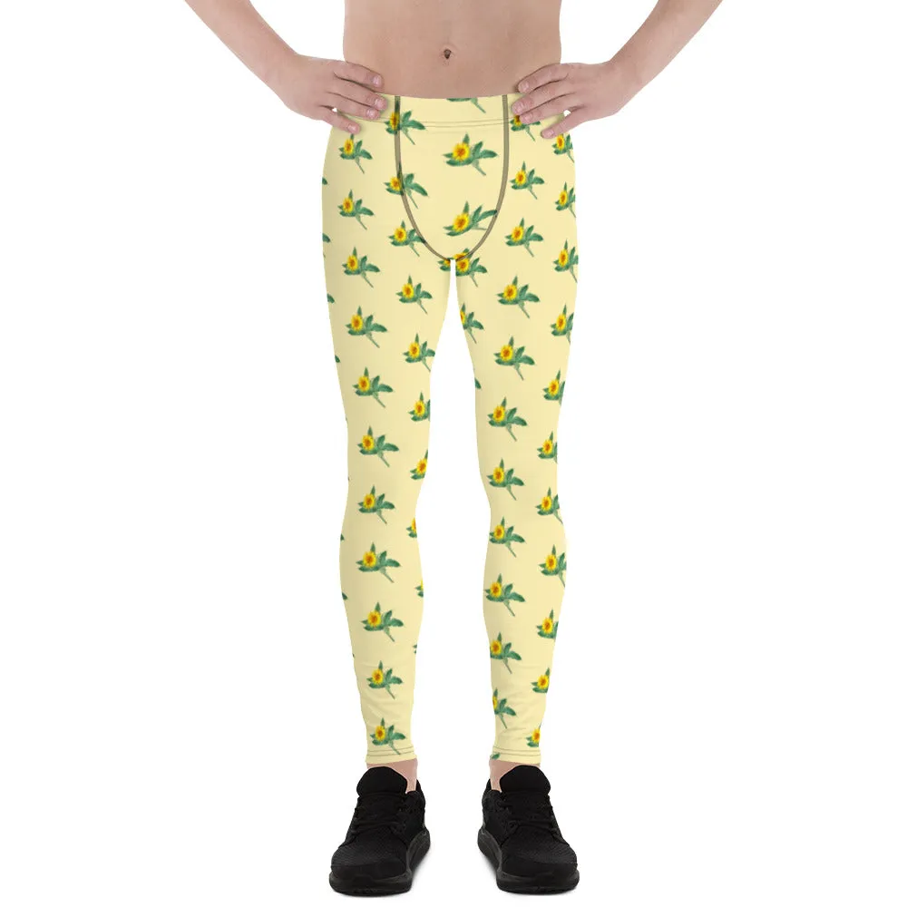 Sunflower Floral Men's Leggings, Yellow Floral Print Compression Running Tights For Men - Made in USA/EU